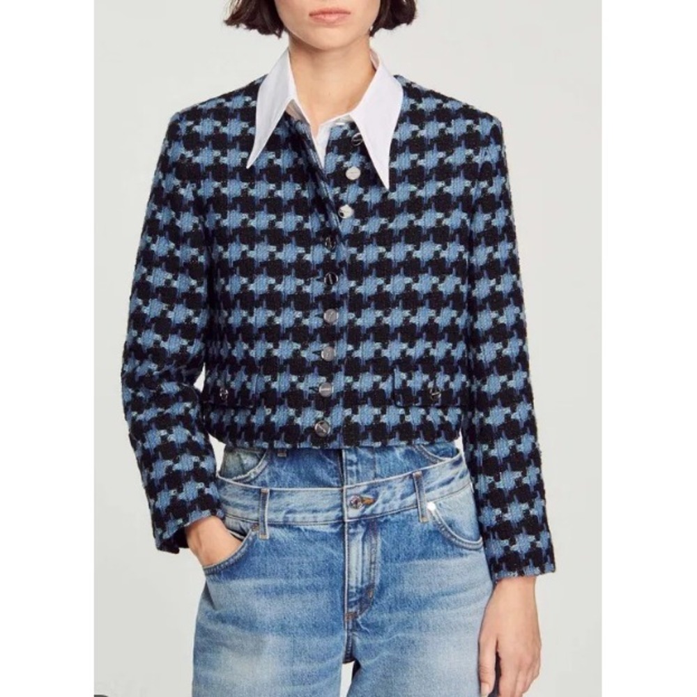 NWT Sandro H23boulogne Jacket Size EU 38 = US 6 Dark Blue Tweed Cropped Blazer